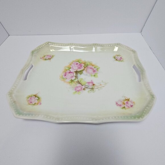Antique 1914-1922 Signed P.K. Silesia 10"x8" Porcelain Serving Tray Pink Roses - Picture 4 of 6